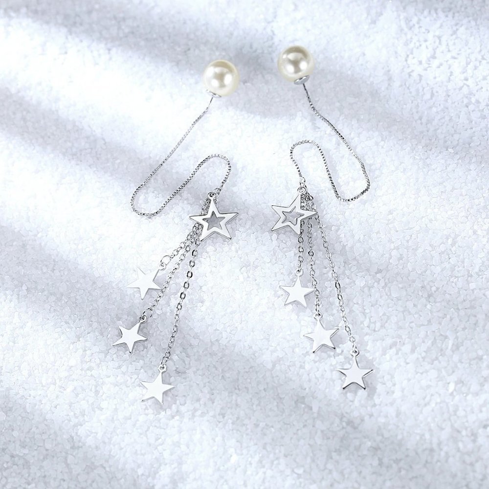 NEW 925 Sterling Silver Pearl Star Drop Earrings - Picture 6 of 8